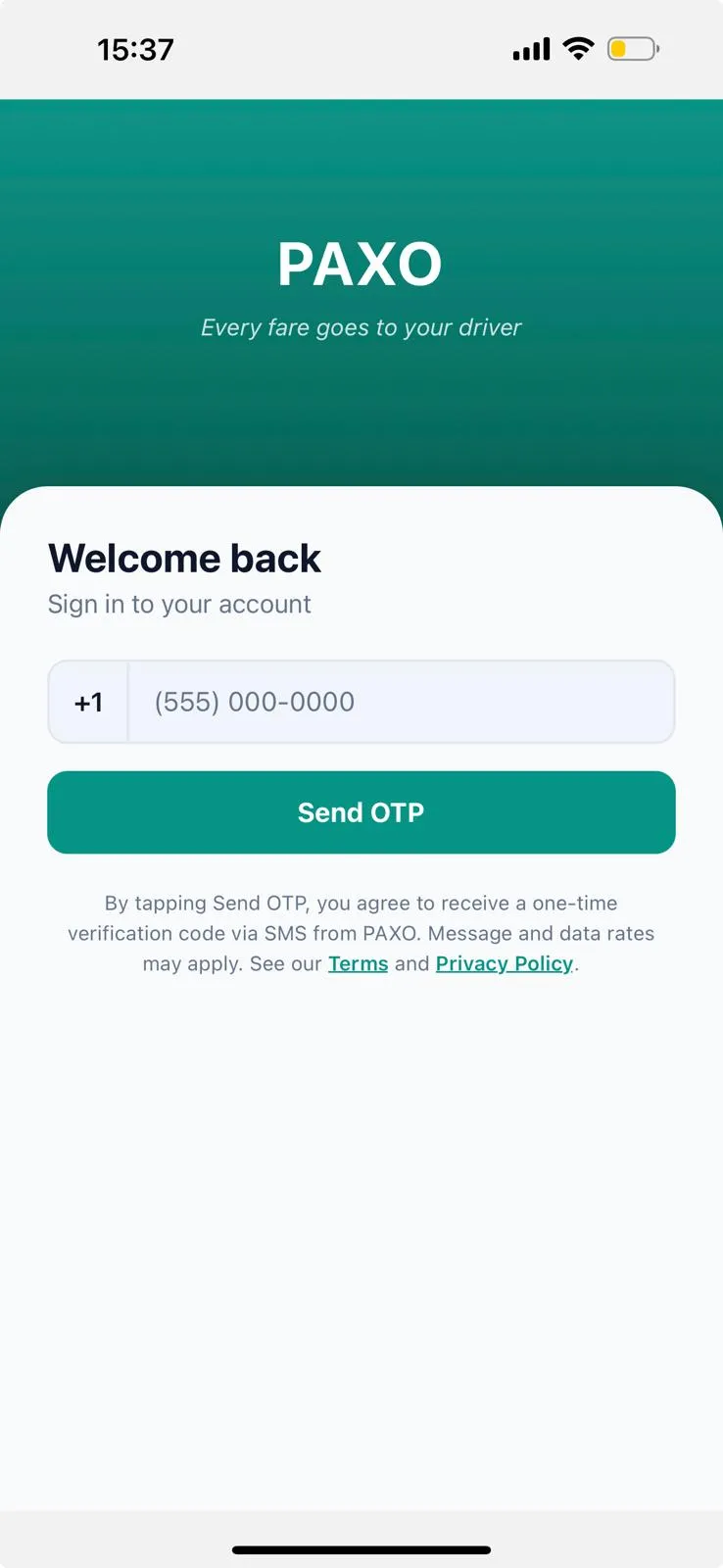 The PAXO driver app sign-in screen, identical in form: a phone number field, a Send OTP button, and the same SMS consent sentence with links to Terms and Privacy Policy.