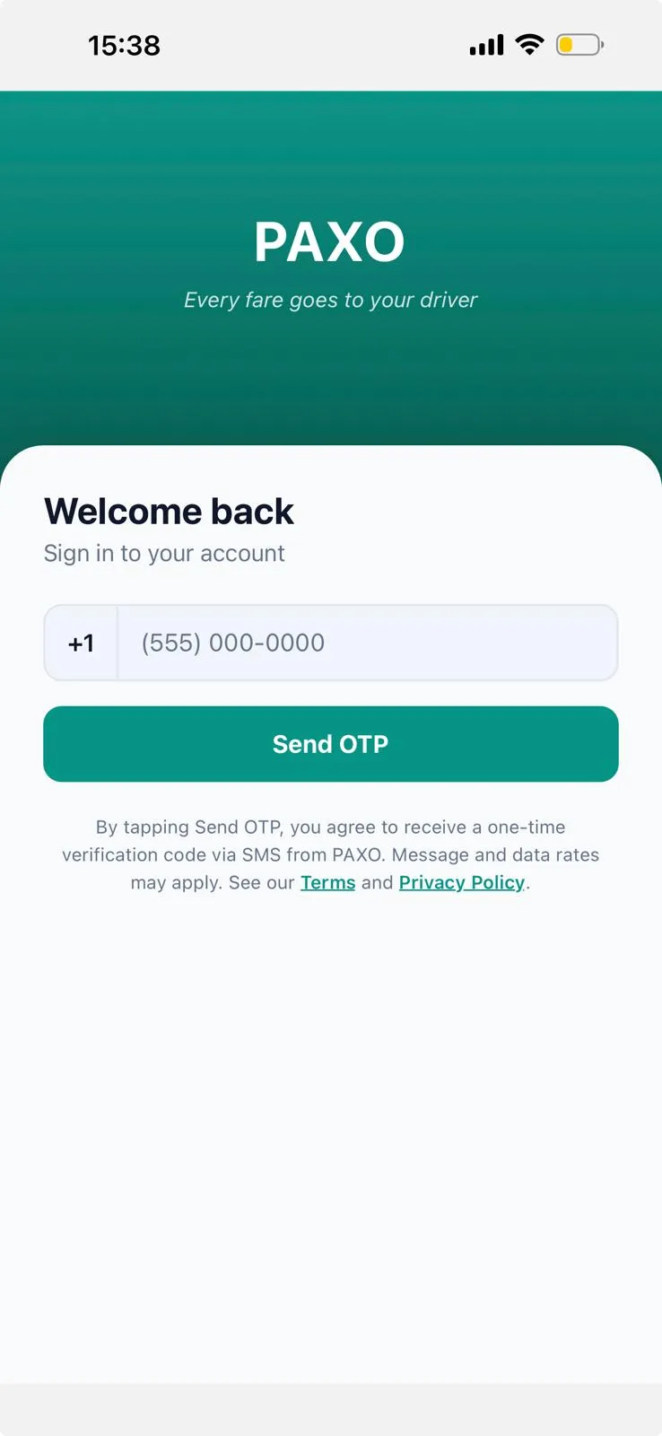 The PAXO rider app sign-in screen: a phone number field, a Send OTP button, and beneath it the sentence agreeing to receive a one-time verification code by SMS, with links to Terms and Privacy Policy.